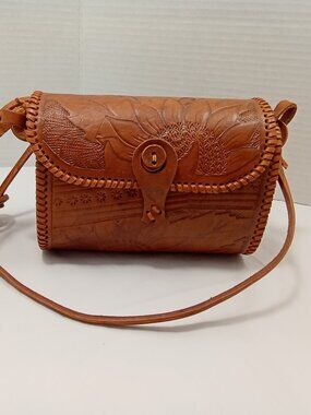 Vintage Hand Tooled Leather Crossbody Purse Sunflower Western Boho Small Handbag